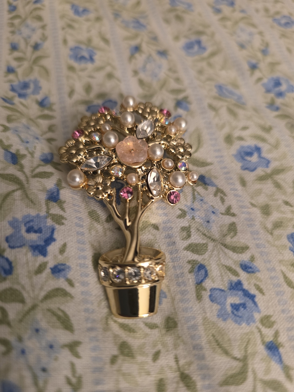 Vintage 70's Danecraft Gold Floral Tree Brooch with Pink and Pearl Accents